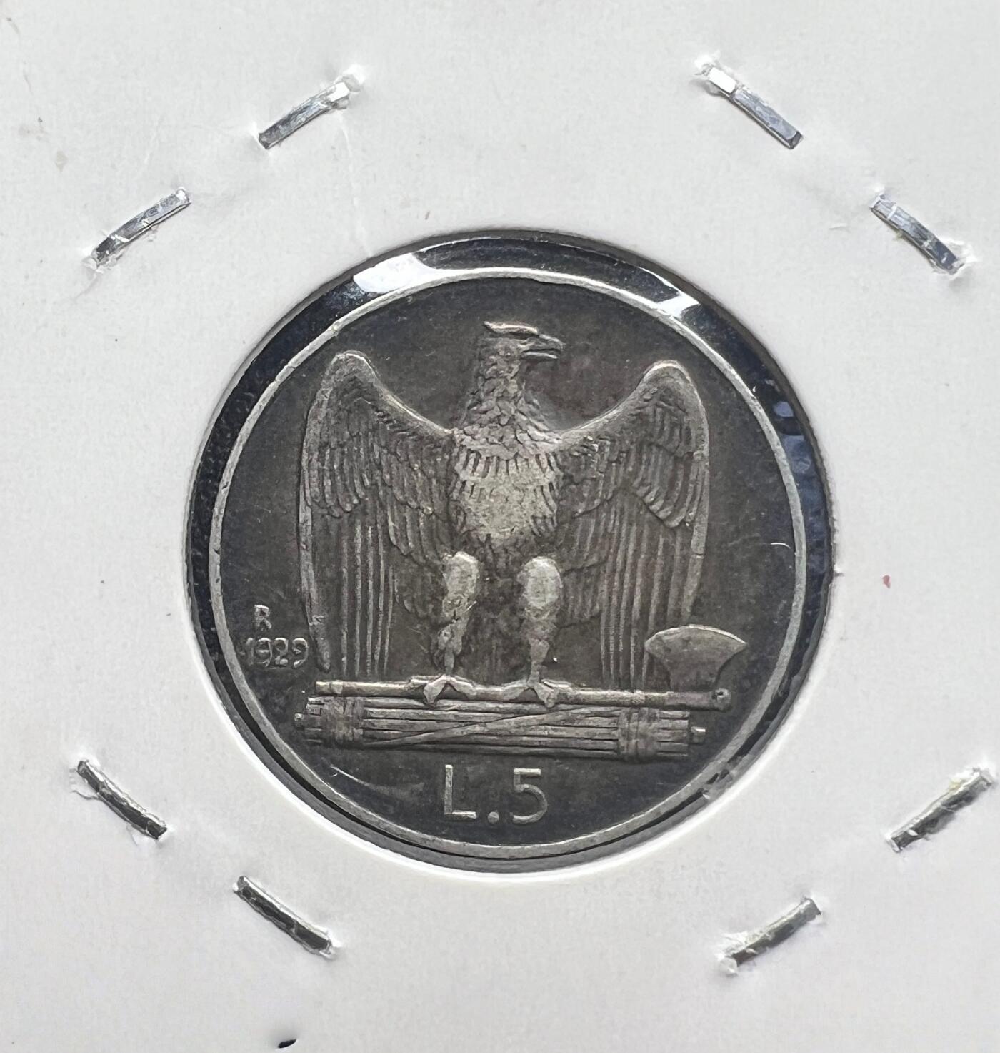 1929 年意大利王国 5 里拉银币 埃马努埃莱三世 法西斯鹰徽束棒斧 欧洲银币