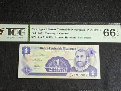 刘世昌艺术品销售中心～虎踞龙蟠*金杨在线联拍群第521期 尼加拉瓜1991年1分（TQG   66ED   号码：A/A 7196309）1枚。