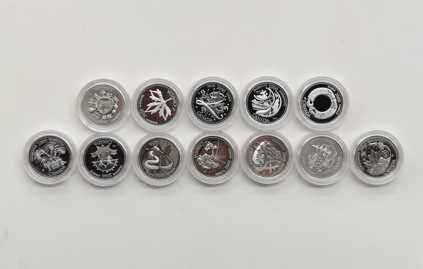 博洋堂世界钱币拍卖第168期（全场包邮） 加拿大2000年25分12枚精制银币套 千禧年系列-加拿大未来精神12愿景 12*5.9克925银 盒证全