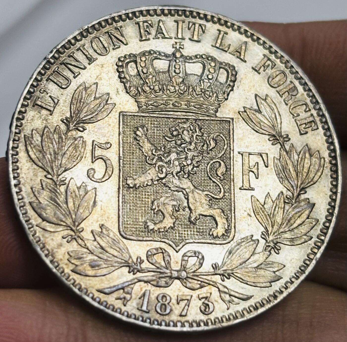 文馨钱币收藏第 300 场，银币，散币，小量德占比利时时期货币，长期接代拍业务 UNC 级别 1873 年比利时利奥波德二世 5 法郎大银币 第二版大头版 25 克 900 银，裸币这个品相算是非常不错的