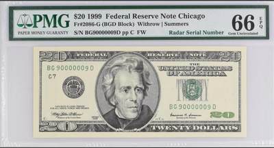 世界靓号纸钞第八十三期 - 1999年美国20美元 大头美元 超级靓号 圆圆号 09组合 雷达号 PMG66 冠军分 非常漂亮的一张号码