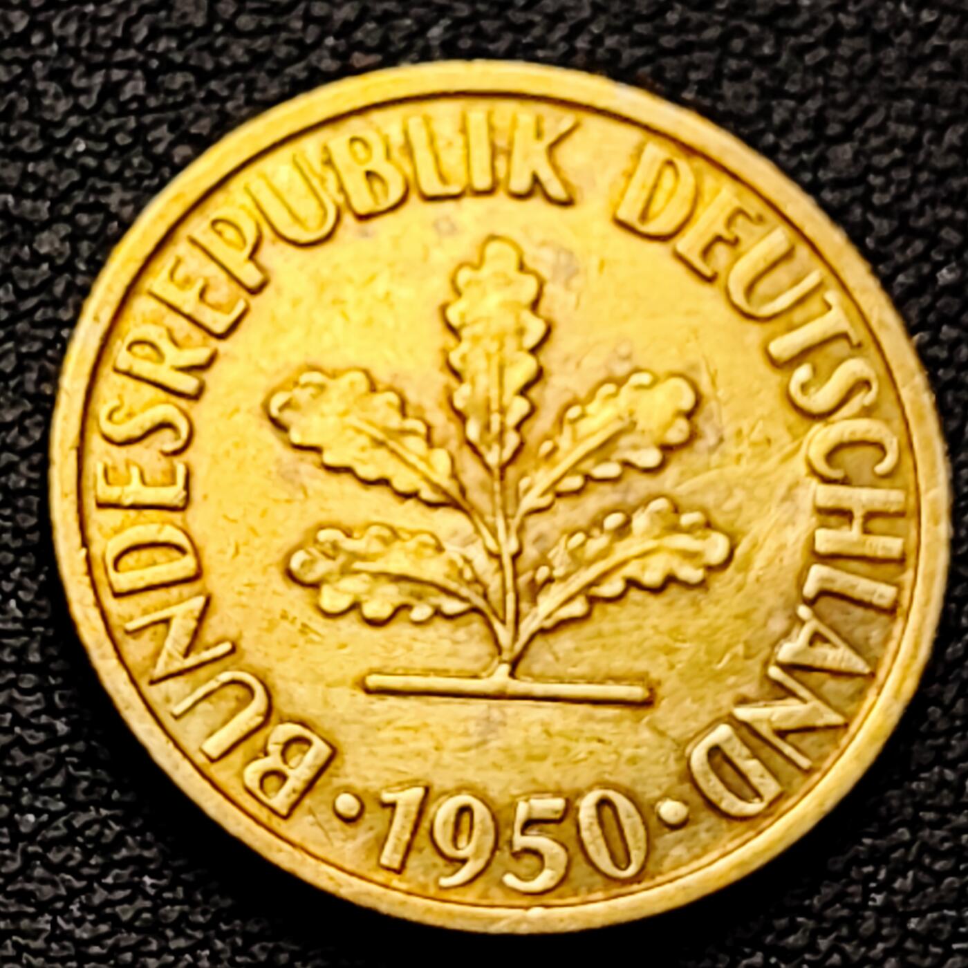 泉币菌-第226场-拍品多 请提前出价 联邦德国1950年 10芬尼硬币 橡树麦穗  银行版 21.5mm