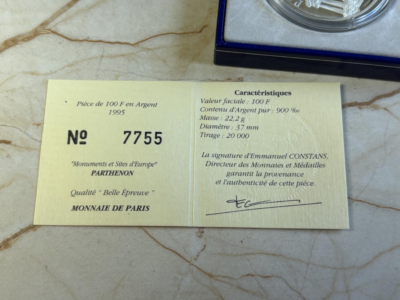 第197期拍卖 法国1995年100法郎精制银币 帕特农神庙(希腊) 22.2克900银 发行量：2万 盒证全
