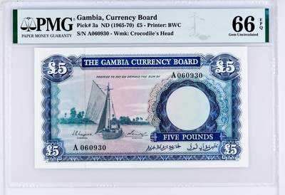 【Blue Auction】世界纸币精拍第809期——18级TOP拍卖/信誉/品质/专业/高效💫 - 【A冠无47 第一套纸币p3a】冈比亚 1965-70年5镑 鳄鱼头水印 背面大场景雕刻精美 BWC出品 PMG66EPQ 