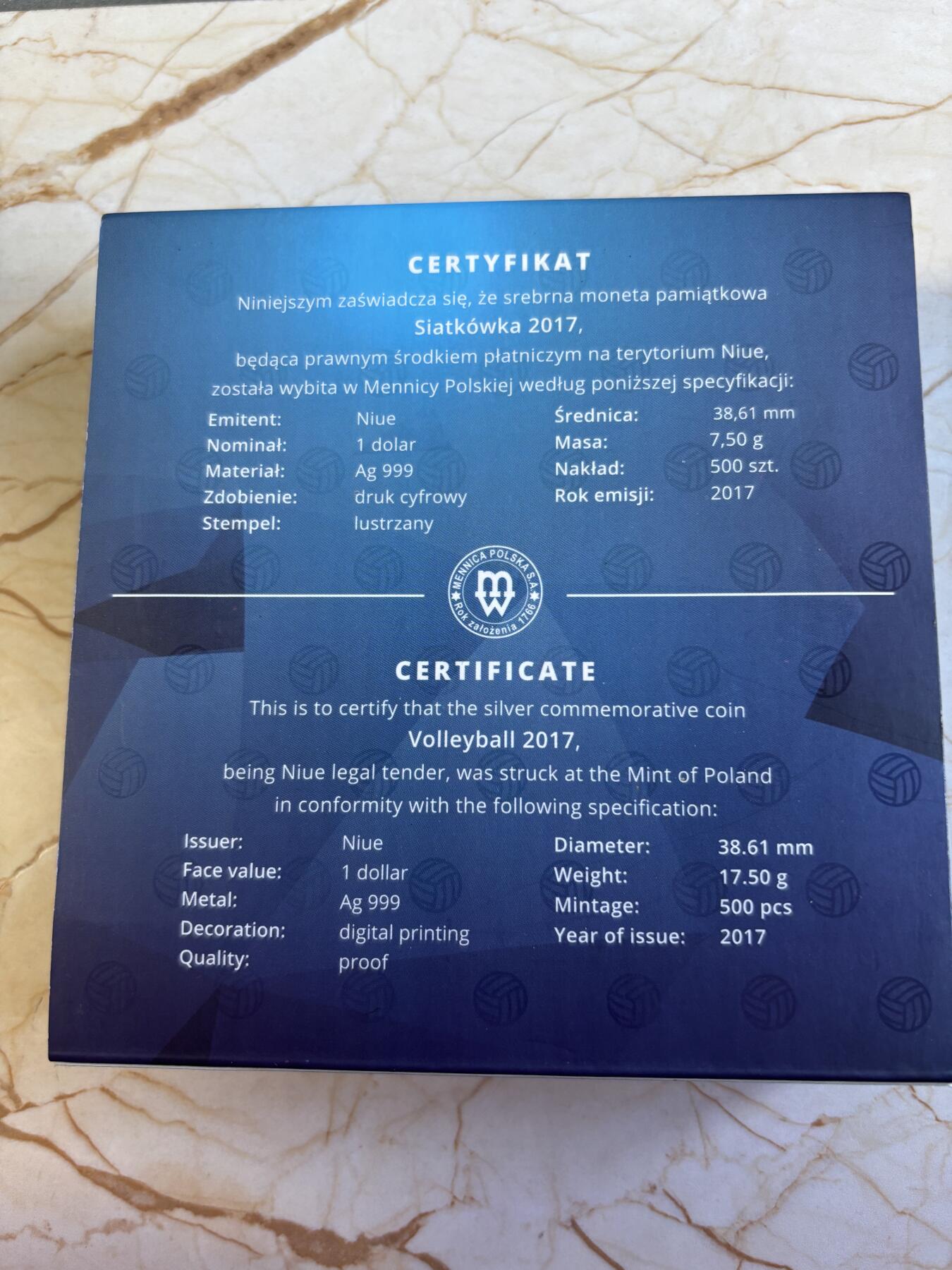 第197期拍卖 纽埃2017年1元彩色精制银币 2017年南京世界排球大奖赛 17.5克999银 发行量：999 盒证全