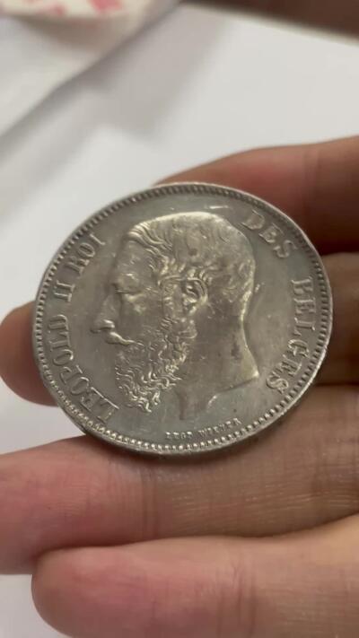 文馨钱币收藏第 300 场，银币，散币，小量德占比利时时期货币，长期接代拍业务 UNC 级别 1873 年比利时利奥波德二世 5 法郎大银币 第二版大头版 25 克 900 银，裸币这个品相算是非常不错的