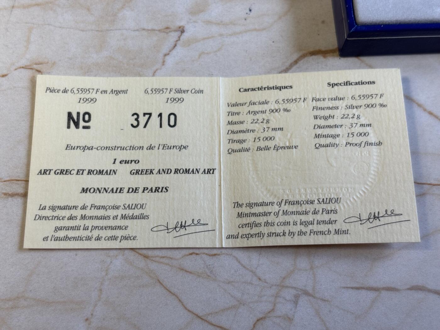 第197期拍卖 法国1999年6.55957法郎精制银币 罗马和希腊艺术 22.2克900银 发行量：1万5千 盒证全