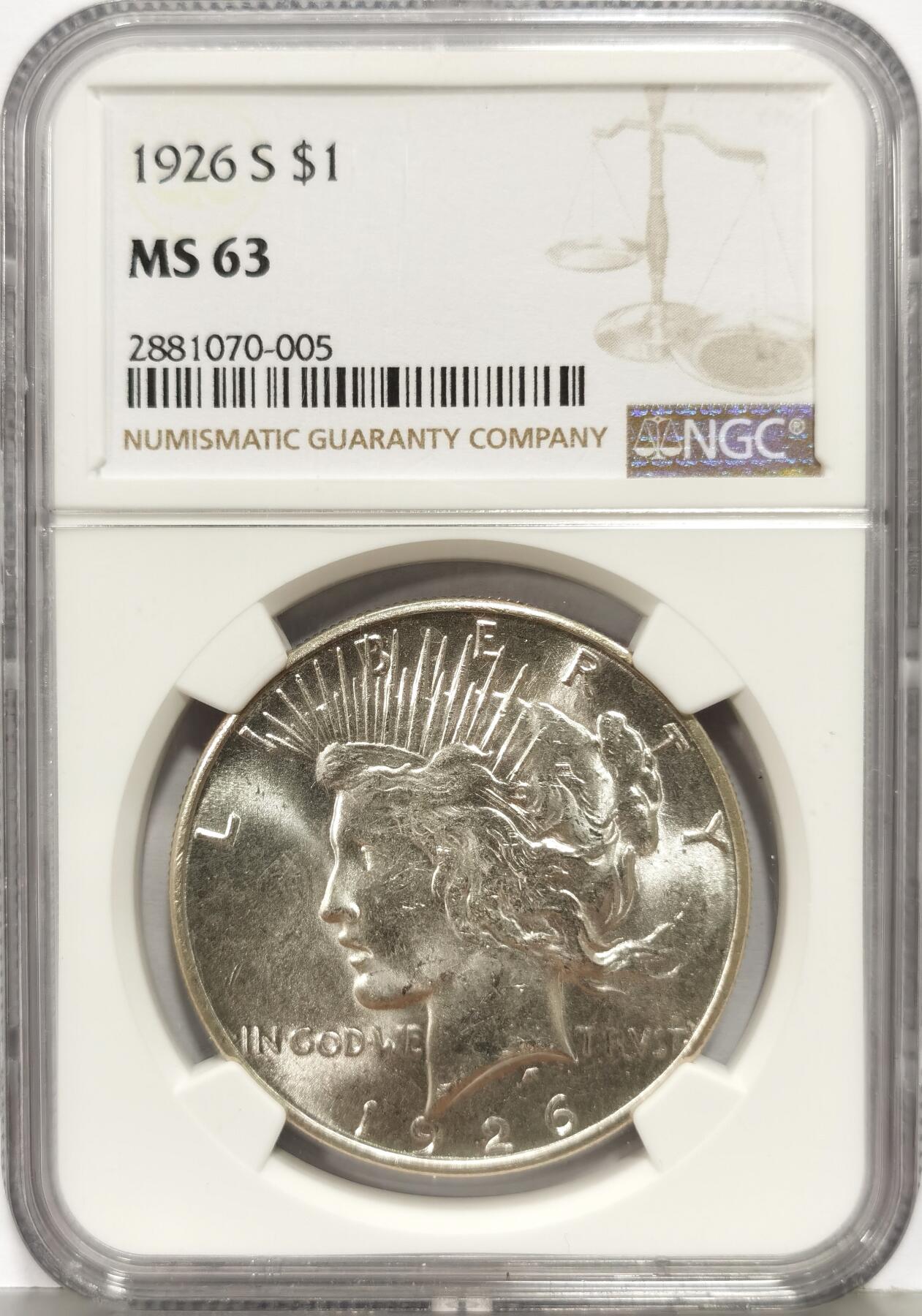 博洋堂世界钱币拍卖第168期（全场包邮） NGC MS63 美国1926 S 和平 稀有年份版别的和平银元 转光犀利 打制精细