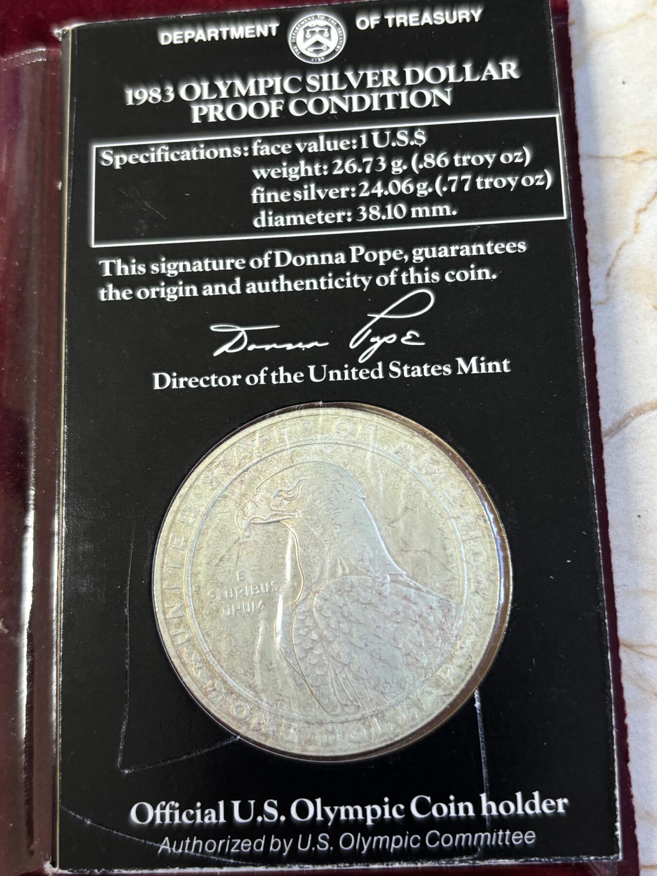 第197期拍卖 美国1983年1元精制银币（S版） 洛杉矶奥运会系列-掷铁饼 卡装26.72克900银