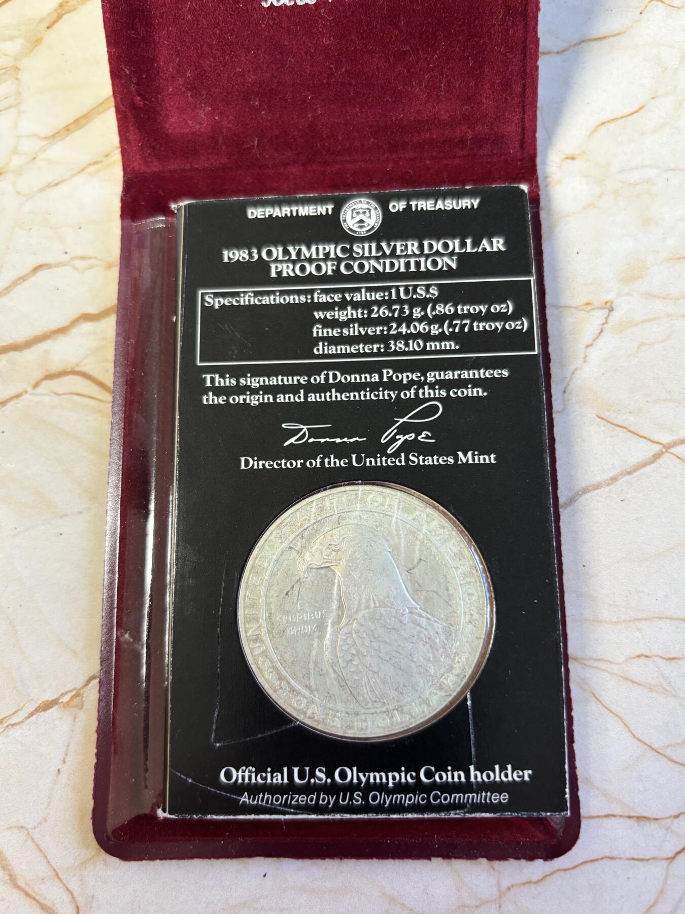 第197期拍卖 美国1983年1元精制银币（S版） 洛杉矶奥运会系列-掷铁饼 卡装26.72克900银