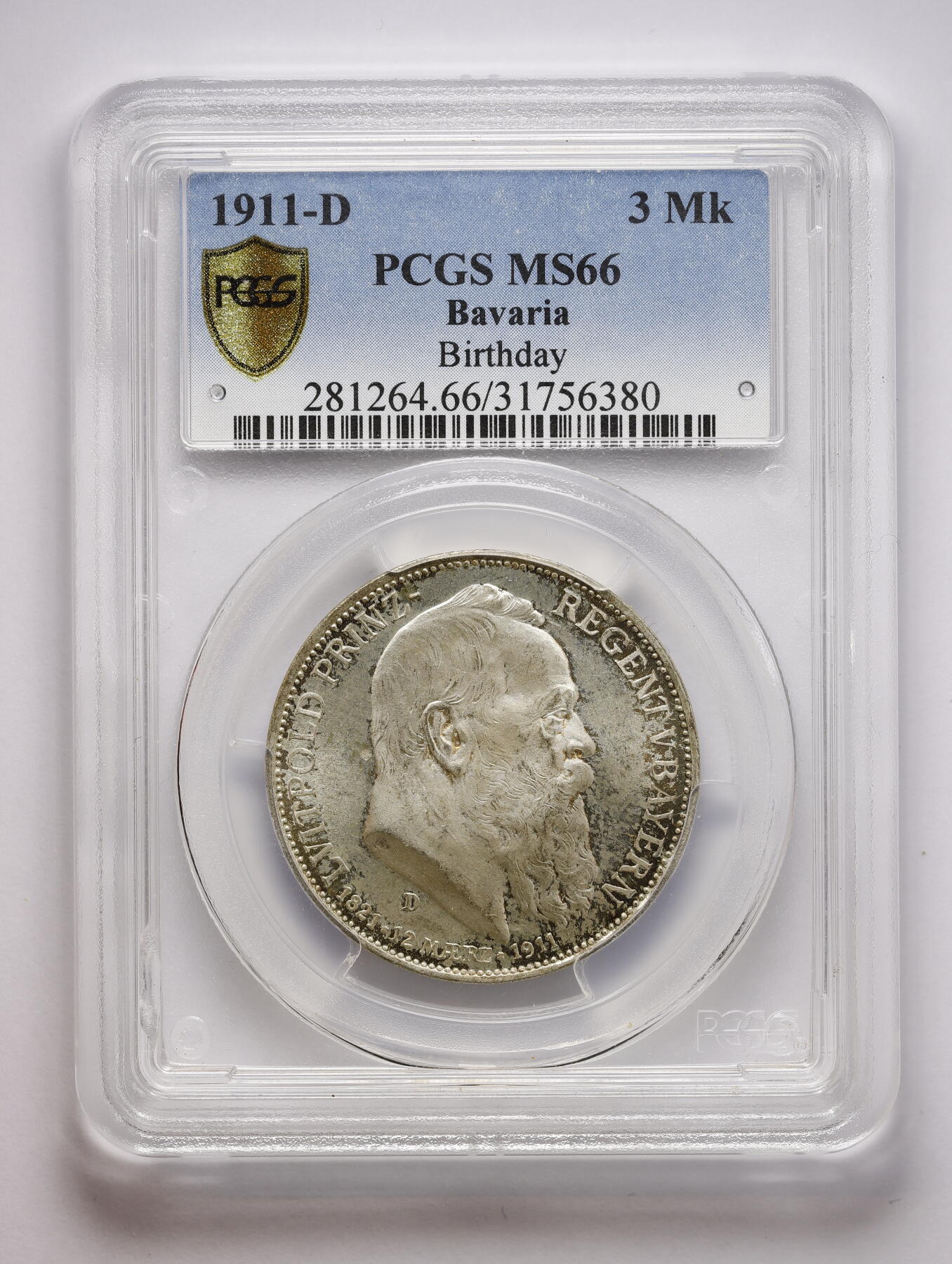 观钱 近现代机制币拍卖No.008（全场顺丰包邮，不区分偏远地区）  1911-D 德国巴伐利亚王国 利奥波德摄政王诞辰 90 周年纪念 3 马克银币 PCGS MS66 未流通状态底板完美、淡蓝包浆，肖像细节锐利，盒子保护圈有磕，介意勿拍