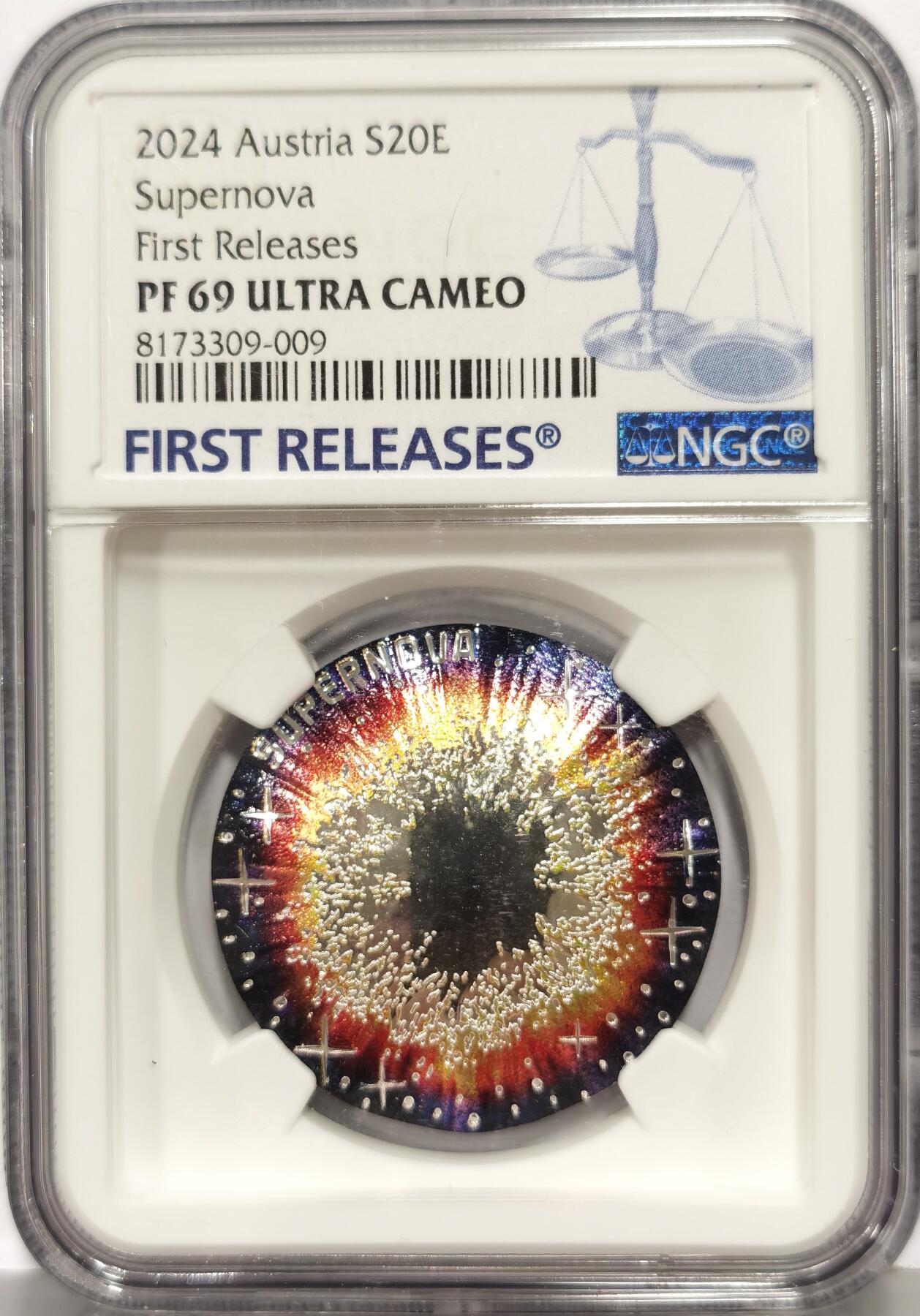 博洋堂世界钱币拍卖第168期（全场包邮） NGC PF69UC 奥地利2024年20欧元异形精制彩色镀铌银币 宇宙之美系列-超新星 20克925银 首期发行 亚军分