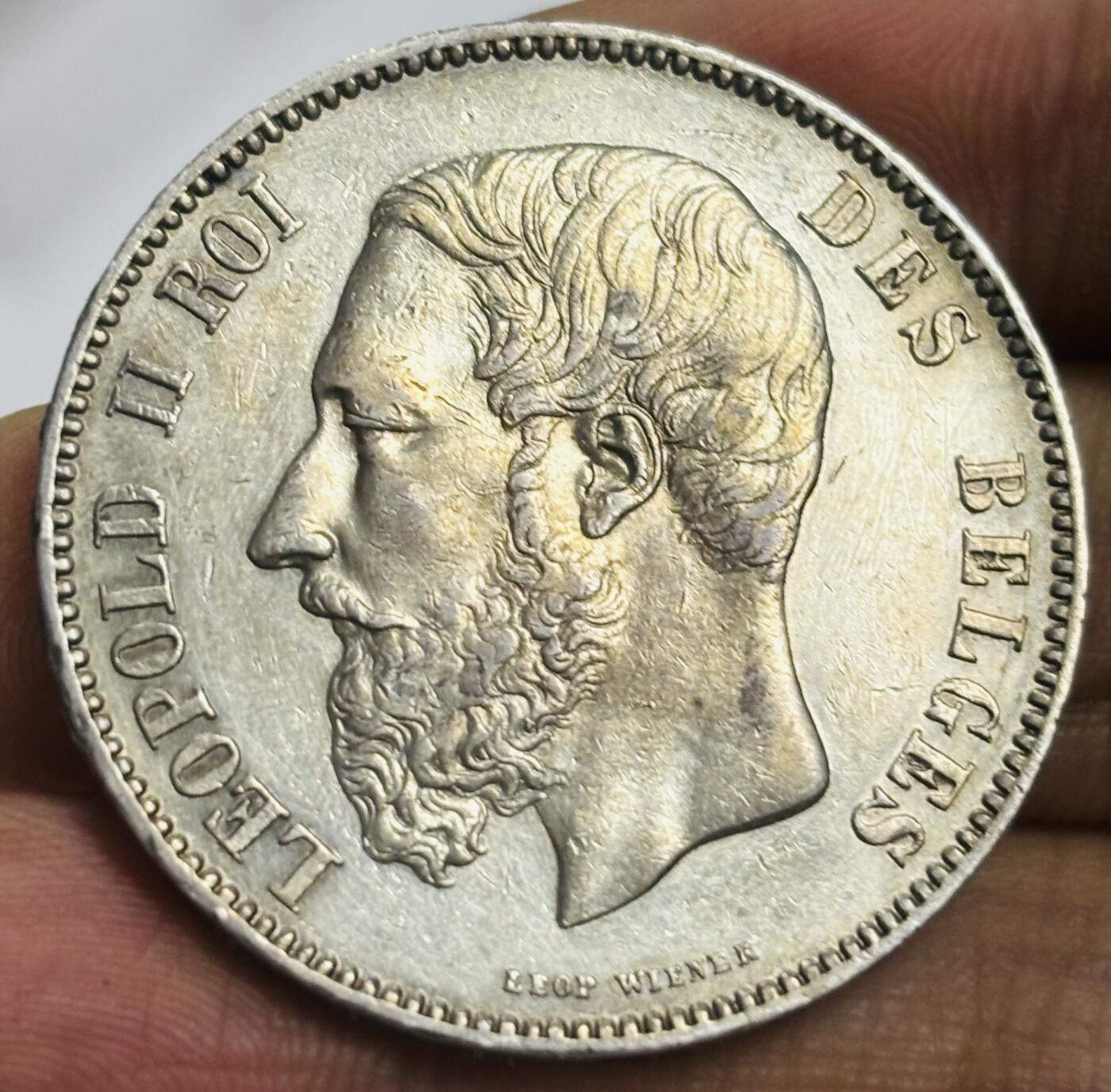 文馨钱币收藏第 300 场，银币，散币，小量德占比利时时期货币，长期接代拍业务 UNC 级别 1873 年比利时利奥波德二世 5 法郎大银币 第二版大头版 25 克 900 银，裸币这个品相算是非常不错的