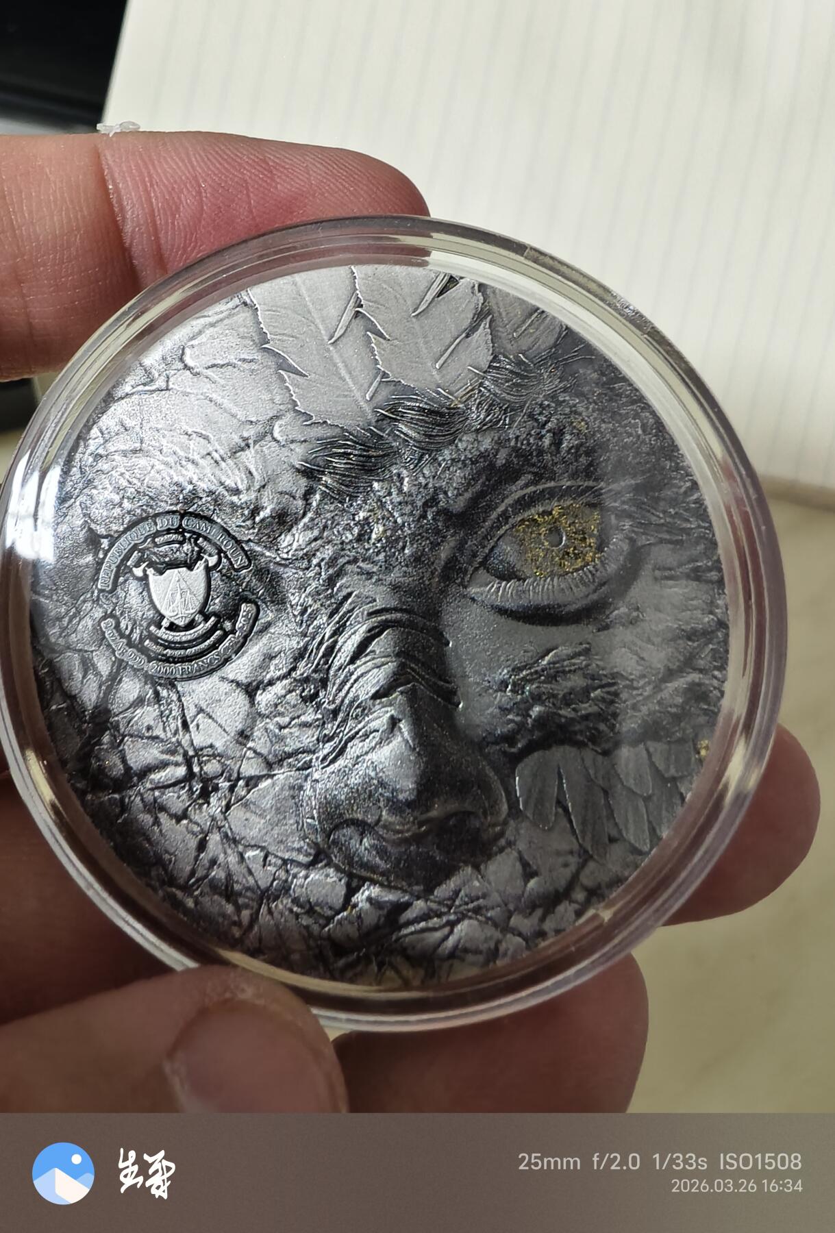 昊象达收藏银币拍卖第9场 喀麦隆炽天使银币，2025年，999银，2盎司，直径50mm，限量199枚。双面高浮雕工艺，正面圣母子像，背面猫头鹰，背面有金箔工艺，细节很精致，带原包装和证书。