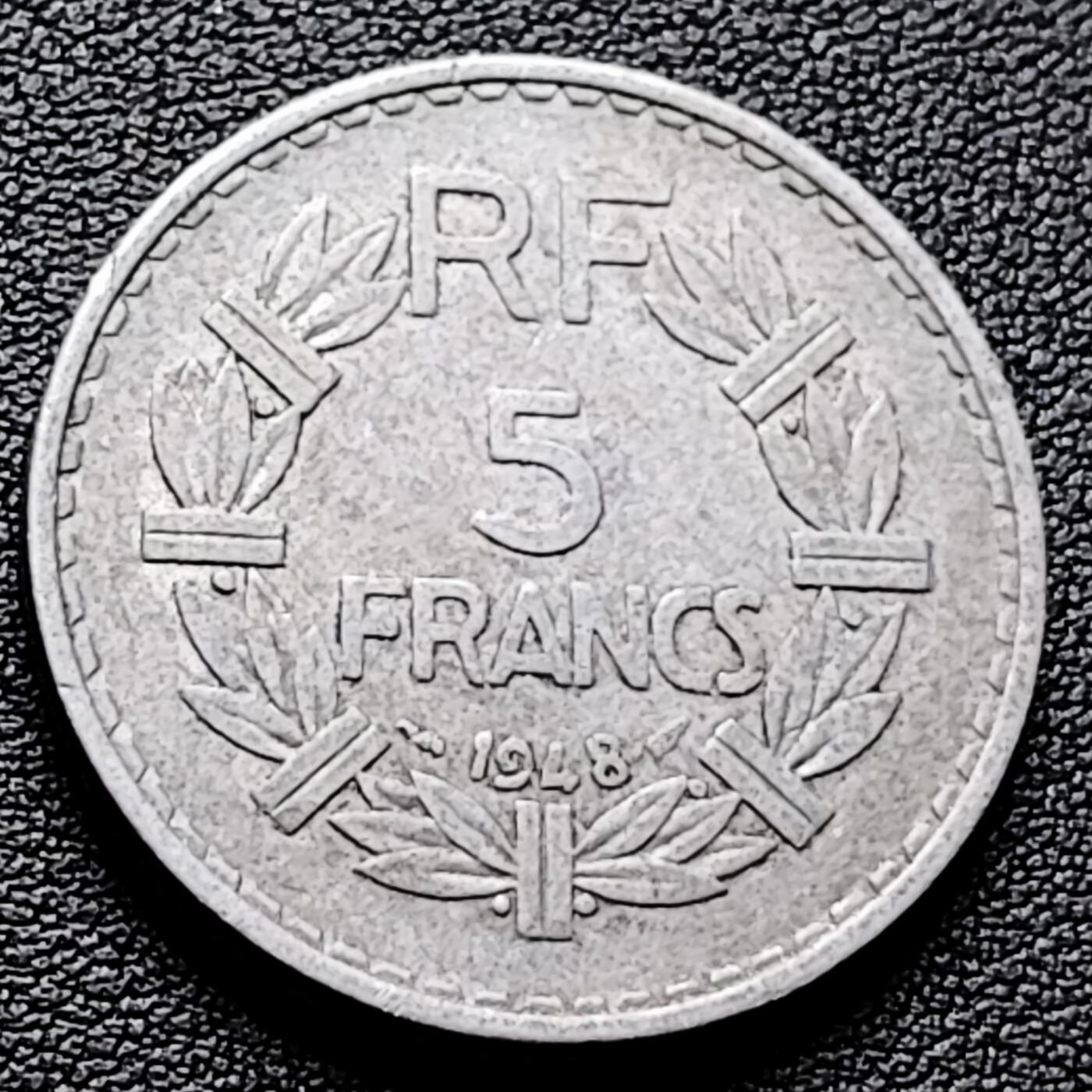 泉币菌-第226场-拍品多 请提前出价 法兰西女神 法兰西第四共和国 1948年5法郎 铝币 31mm