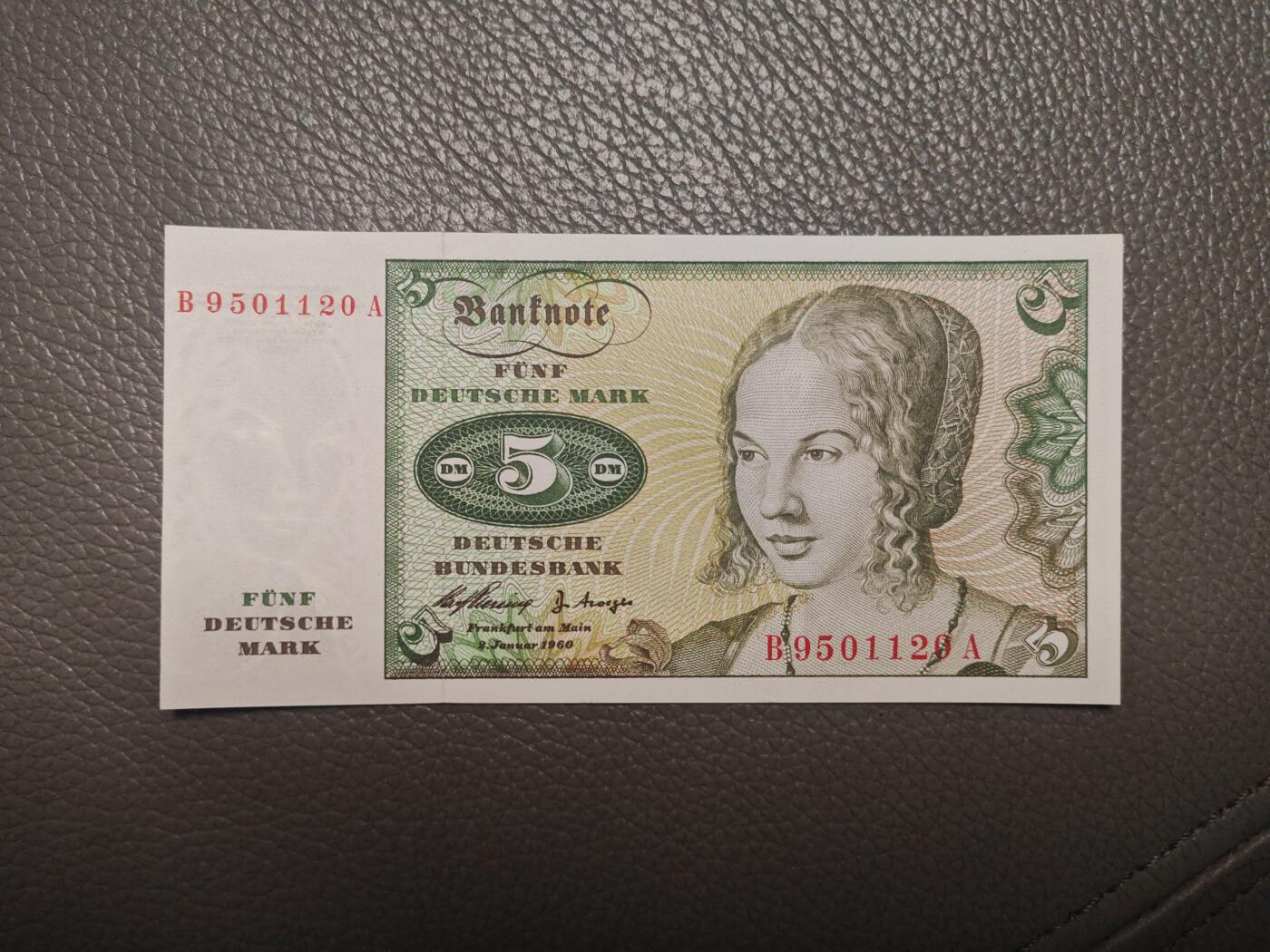 1960年首发 无47 联邦 德国 5马克 全新UNC