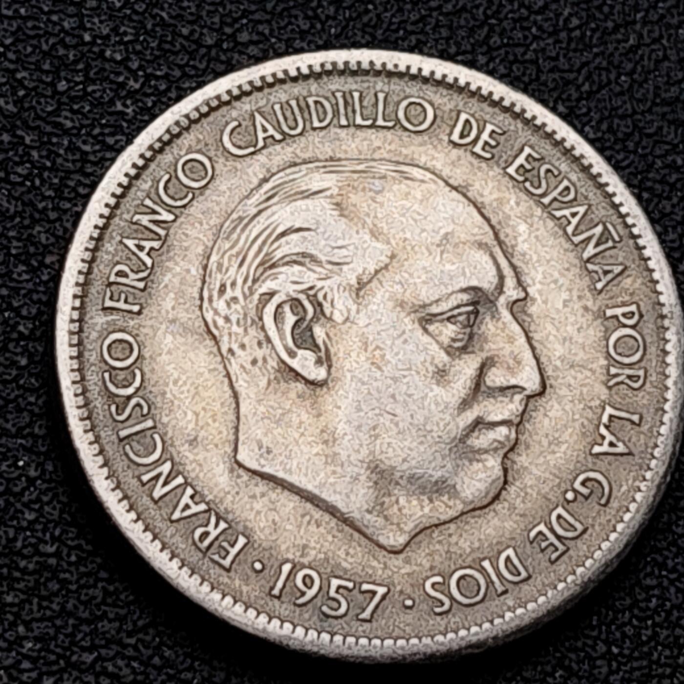 泉币菌-第226场-拍品多 请提前出价 西班牙1957年25比萨塔 弗朗哥 铜镍币 26.5mm 