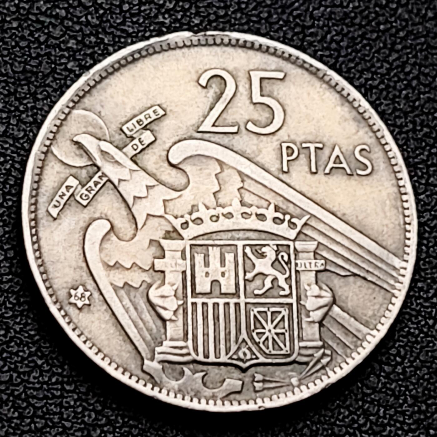 泉币菌-第226场-拍品多 请提前出价 西班牙1957年25比萨塔 弗朗哥 铜镍币 26.5mm 