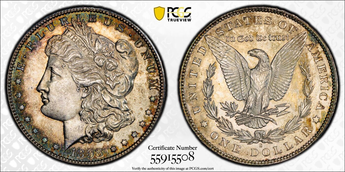 博洋堂世界钱币拍卖第168期（全场包邮） PCGS MS62 美国1898 S 摩根 此年分钱币大多充分流通 如此高分实属难得 麦稀奇首见高分稀有品种 双面环状五彩包浆 不可多得的藏品 PCGS指导价4440