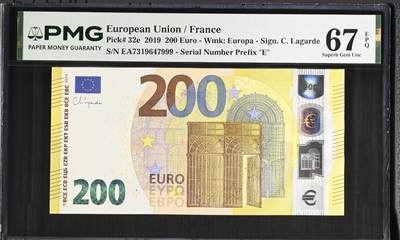 世界靓号纸钞第八十三期 - 2019年欧元200 4签 豹子号999 PMG67 高分