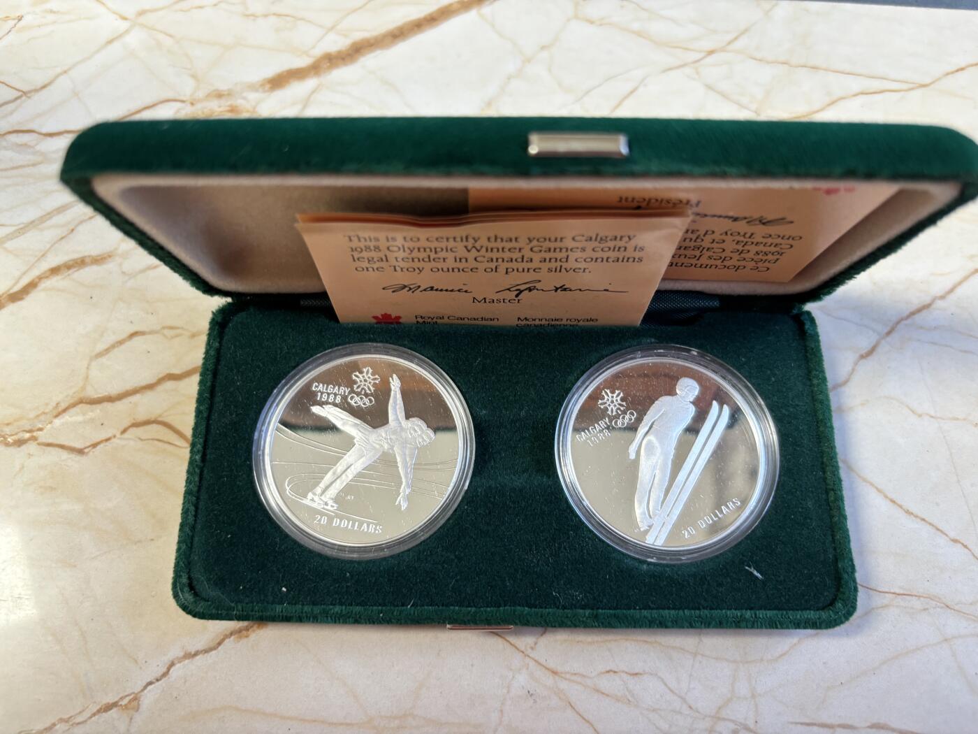 第197期拍卖 加拿大1987年20元2枚精制银币套 卡尔加里冬奥会系列-滑雪和花样滑冰 2X34.107克925银