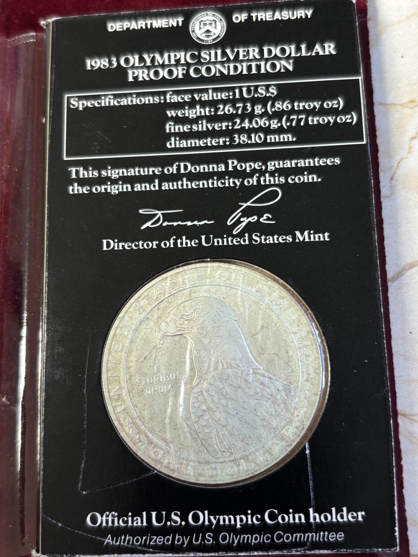 第197期拍卖 美国1983年1元精制银币（S版） 洛杉矶奥运会系列-掷铁饼 卡装26.72克900银