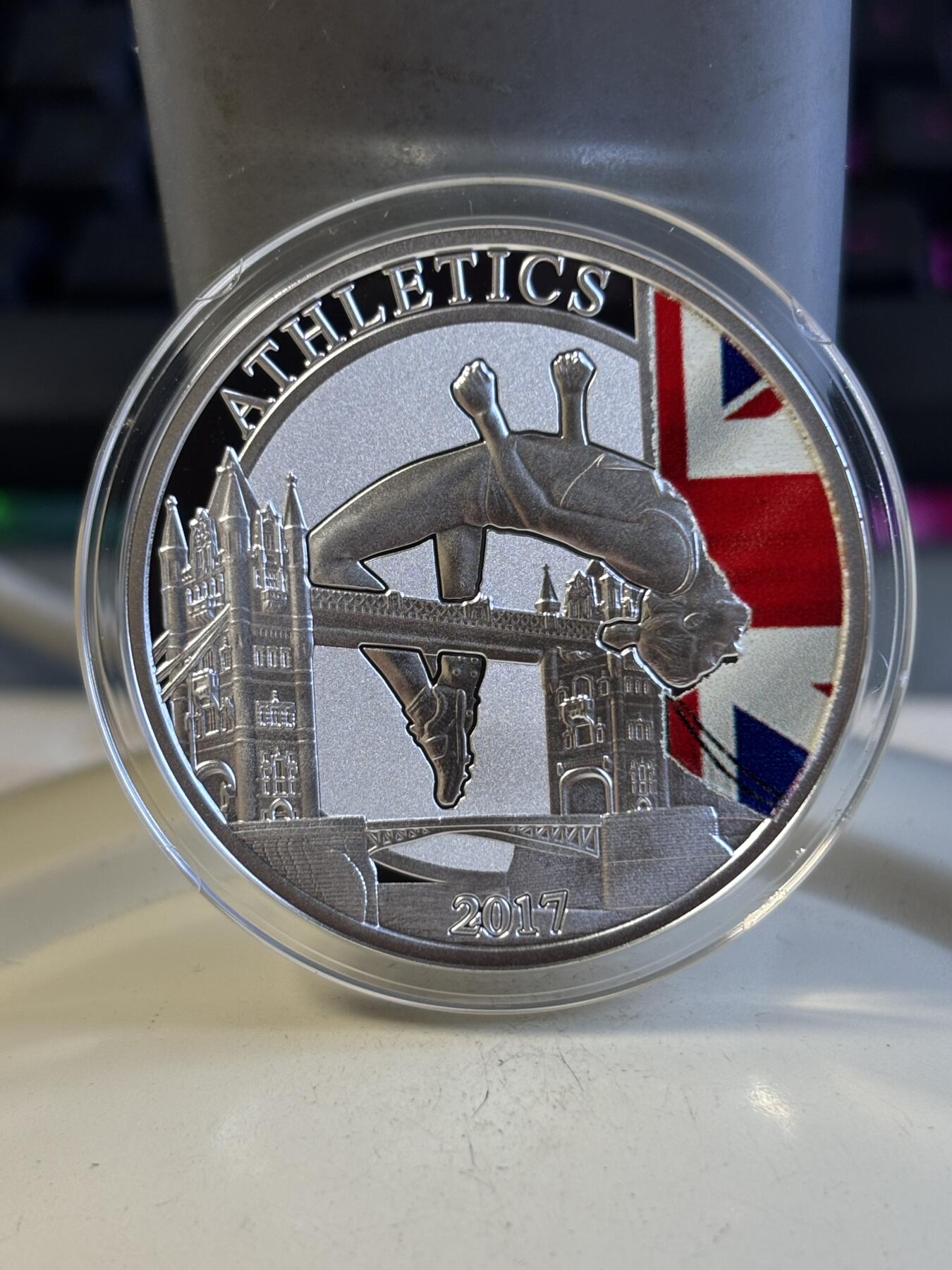 第197期拍卖 纽埃2017年1元彩色精制银币 2017年伦敦田径冠军赛 17.5克999银 发行量：999 盒证全