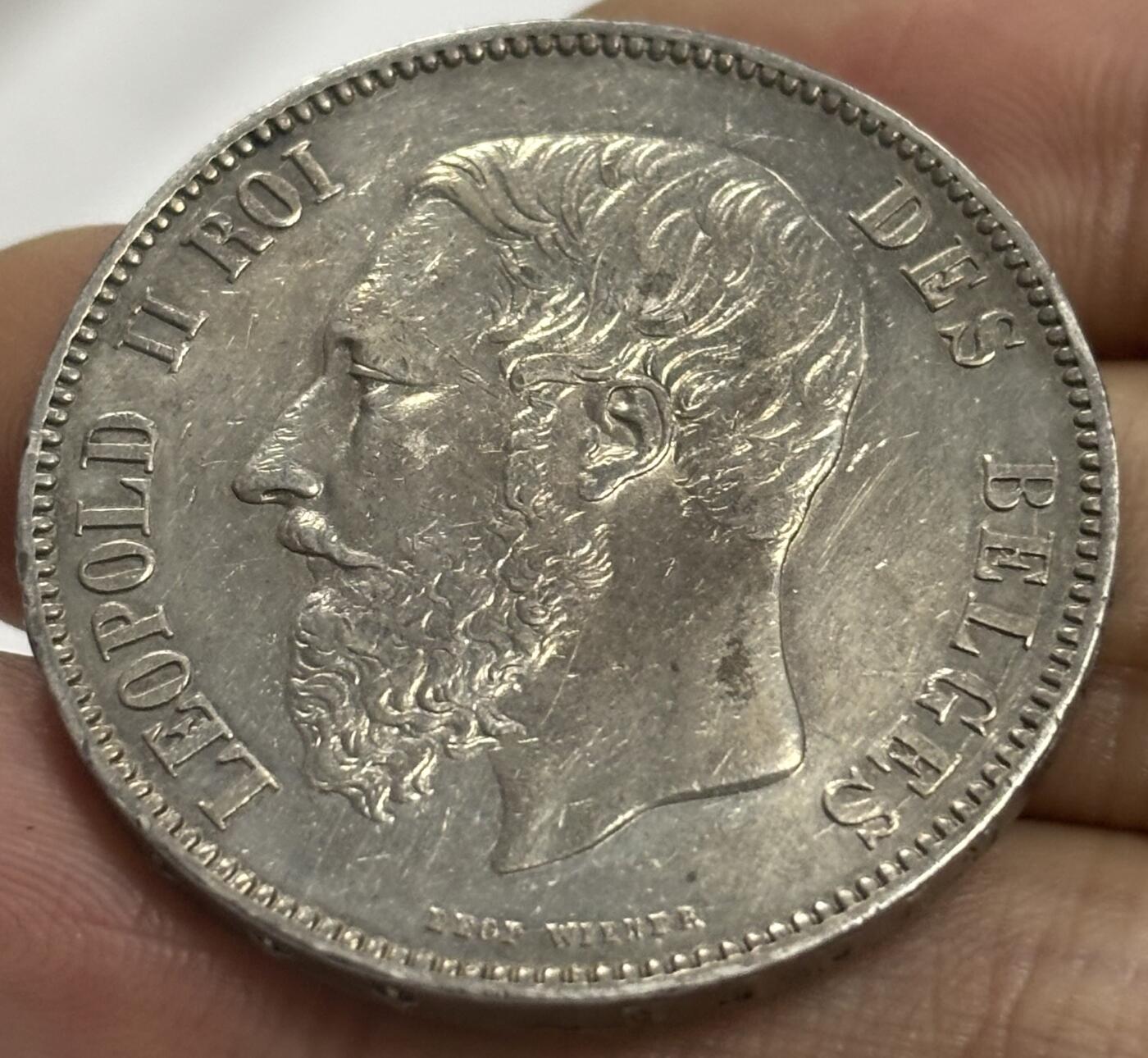 文馨钱币收藏第 300 场，银币，散币，小量德占比利时时期货币，长期接代拍业务 UNC 级别 1873 年比利时利奥波德二世 5 法郎大银币 第二版大头版 25 克 900 银，裸币这个品相算是非常不错的