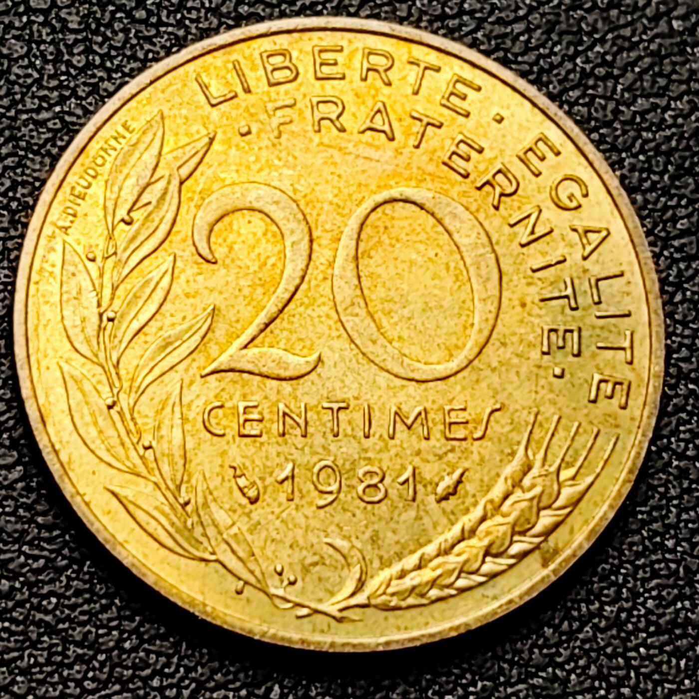 泉币菌-第226场-拍品多 请提前出价 铜光美品 法国1981年20生丁铜币 玛丽安娜 入欧前末版 绝版