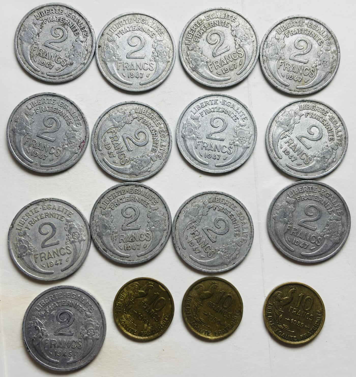 文馨钱币收藏第 300 场，银币，散币，小量德占比利时时期货币，长期接代拍业务 法兰西第四共和国 2 法郎 10 法郎 16 枚，10 法郎铜币年份不重复