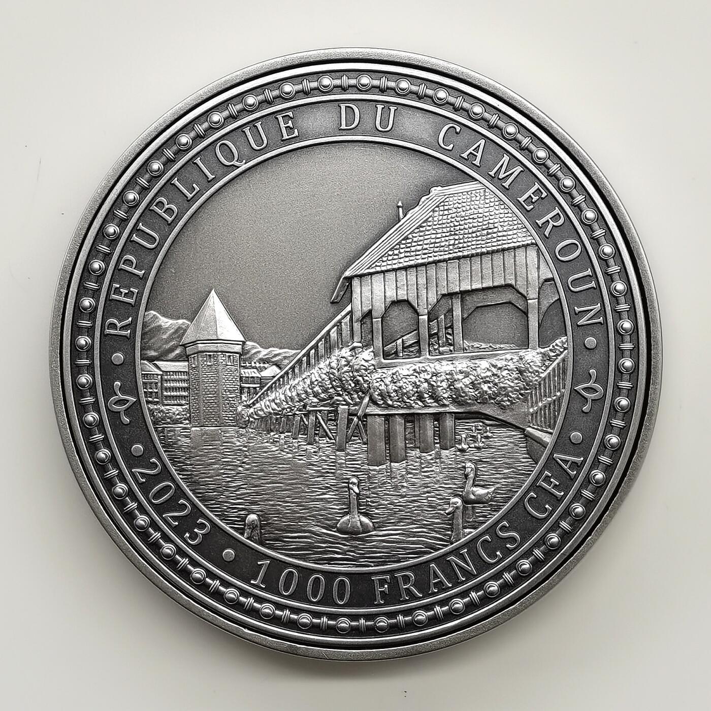博洋堂世界钱币拍卖第168期（全场包邮） 喀麦隆2023年1000法郎双金属仿古精制银币 瑞士垂死的狮子雕塑 1盎司999银5盎司铜 发行量：3百枚 盒证全