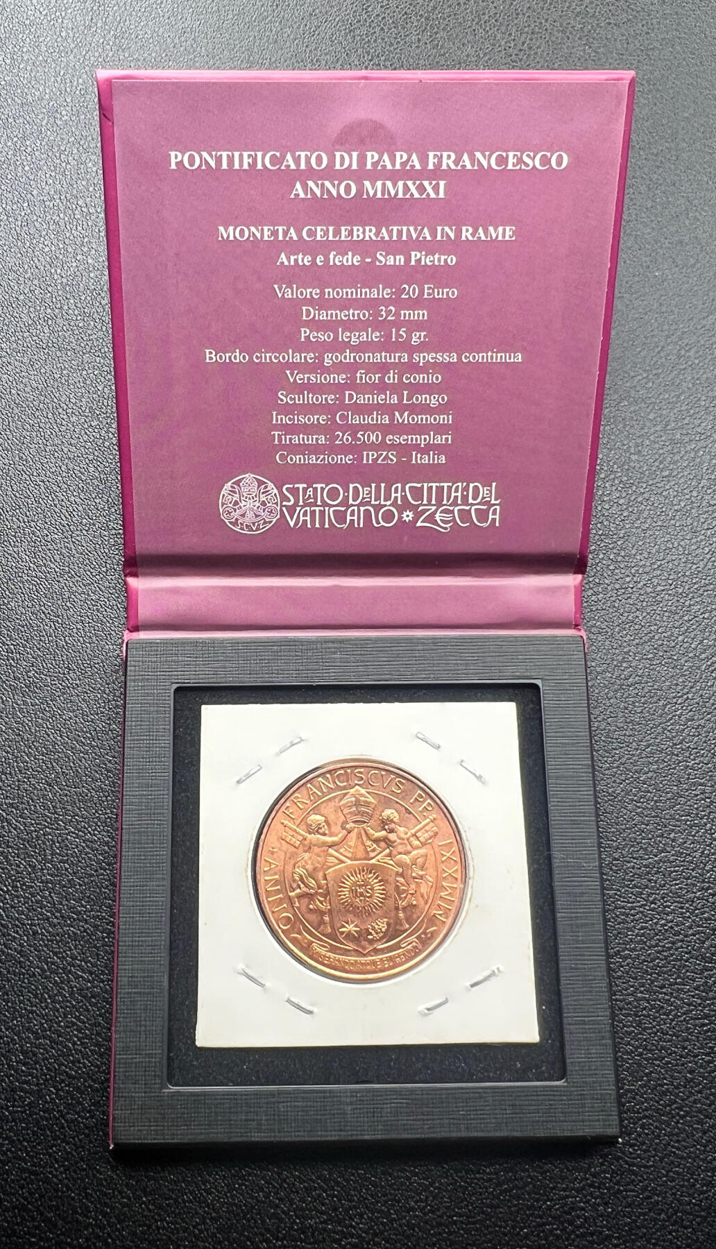 2021 年梵蒂冈方济各教皇 20 欧元铜质纪念币 圣彼得主题 原盒全新