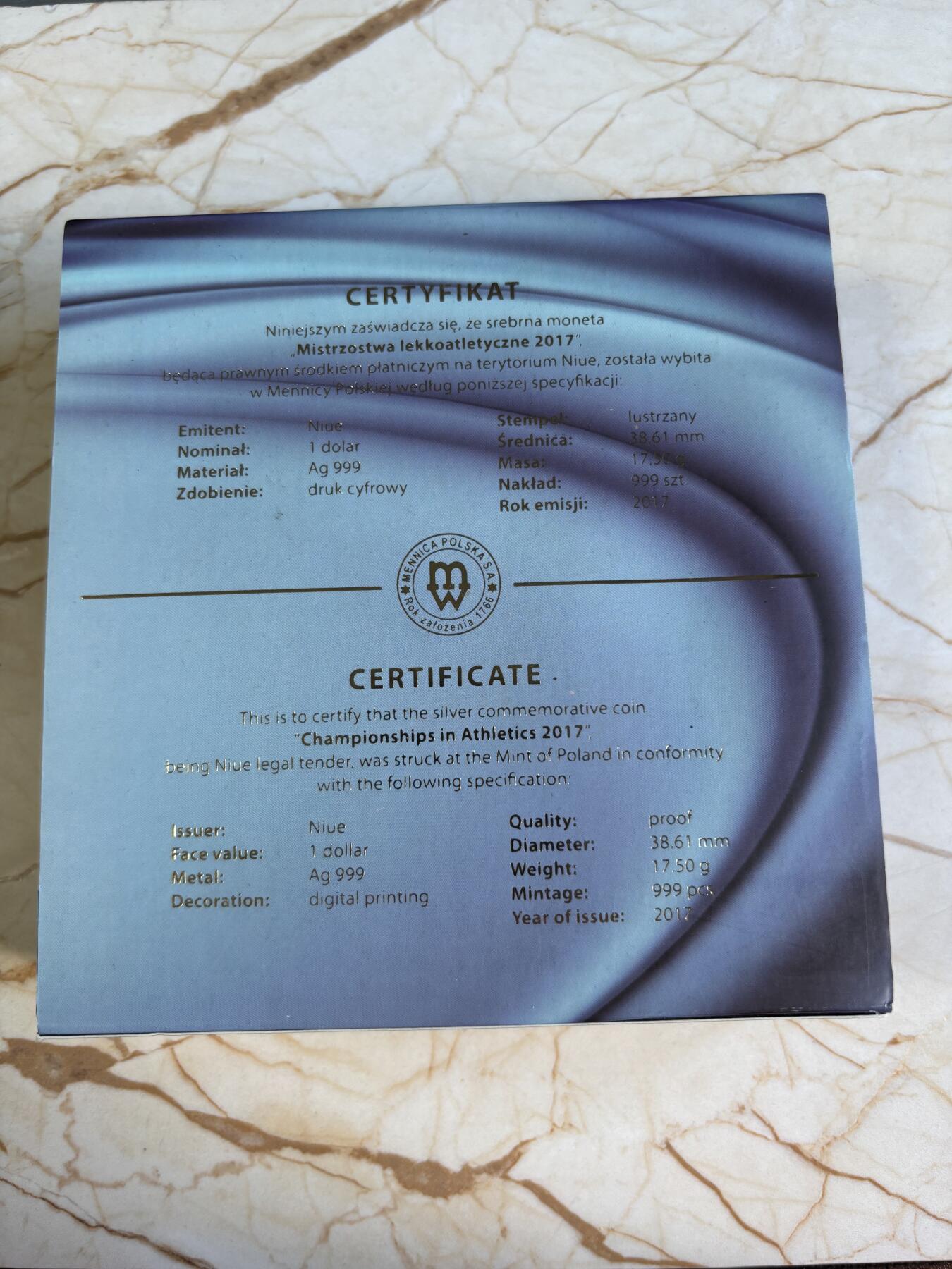 第197期拍卖 纽埃2017年1元彩色精制银币 2017年伦敦田径冠军赛 17.5克999银 发行量：999 盒证全