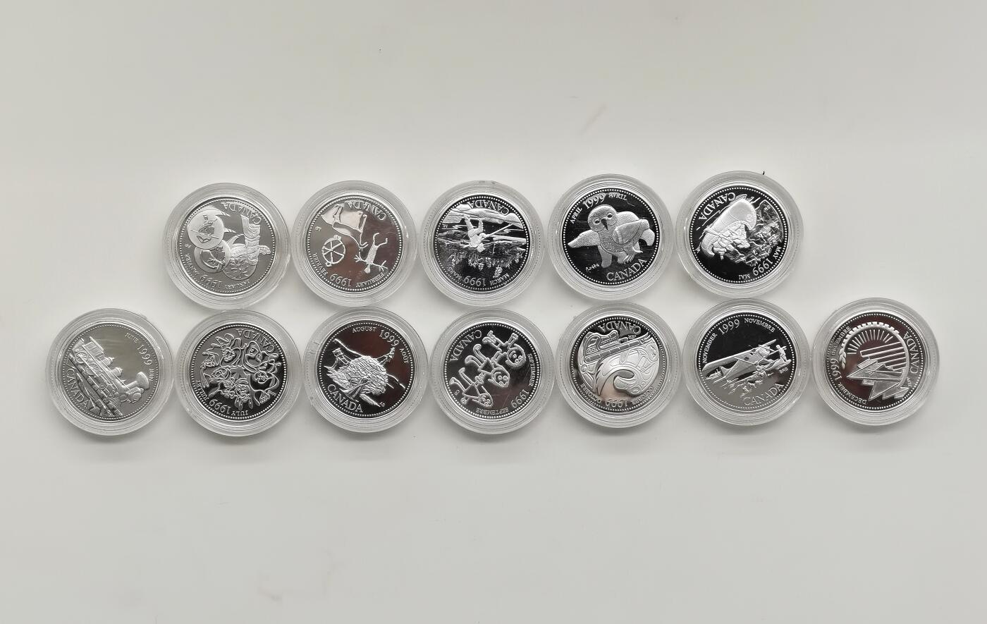 博洋堂世界钱币拍卖第168期（全场包邮） 加拿大1999年25分12枚精制银币套 千禧年系列-加拿大过去月份12遗产 12*5.9克925银 盒证全