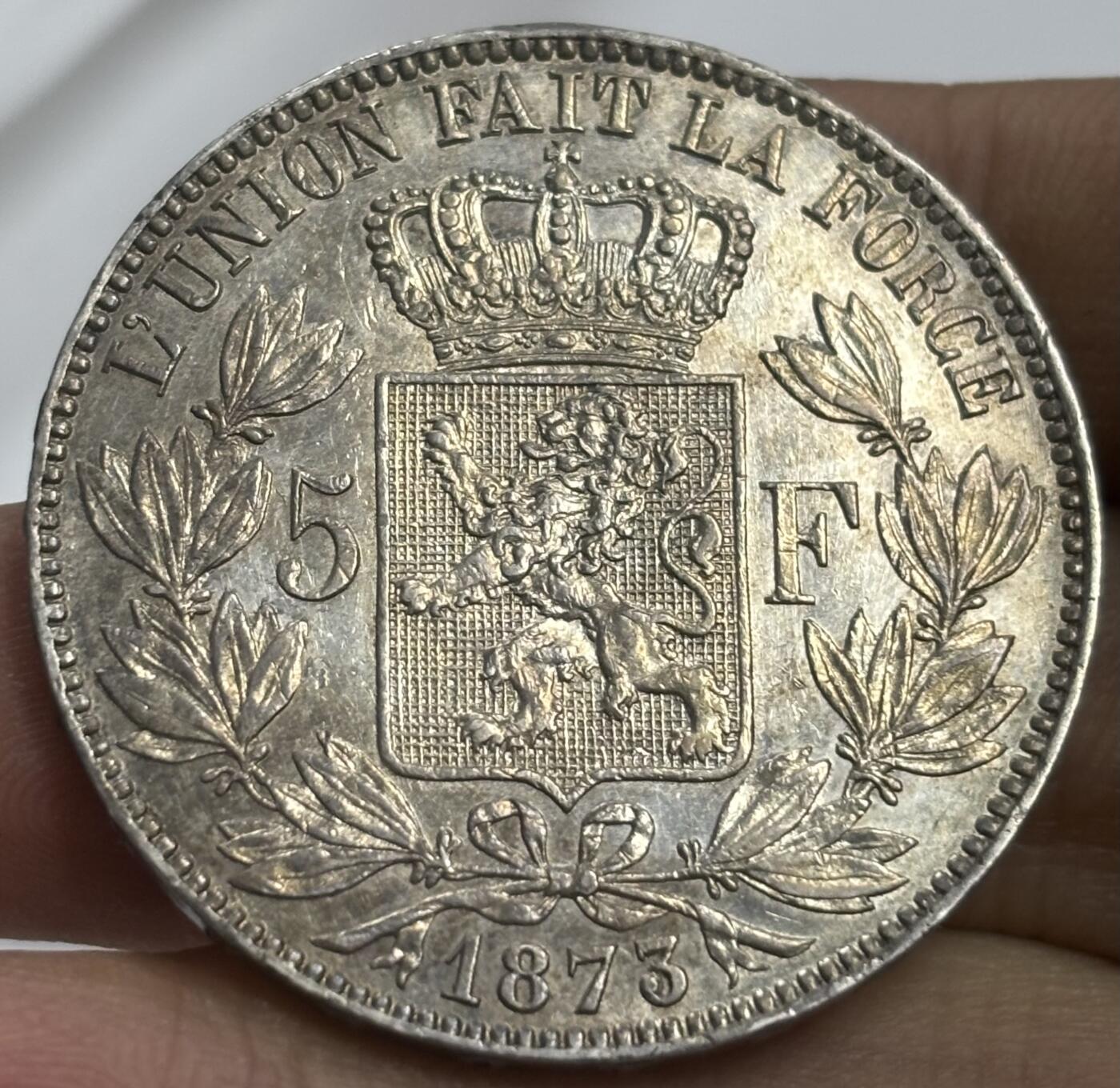 文馨钱币收藏第 300 场，银币，散币，小量德占比利时时期货币，长期接代拍业务 UNC 级别 1873 年比利时利奥波德二世 5 法郎大银币 第二版大头版 25 克 900 银，裸币这个品相算是非常不错的