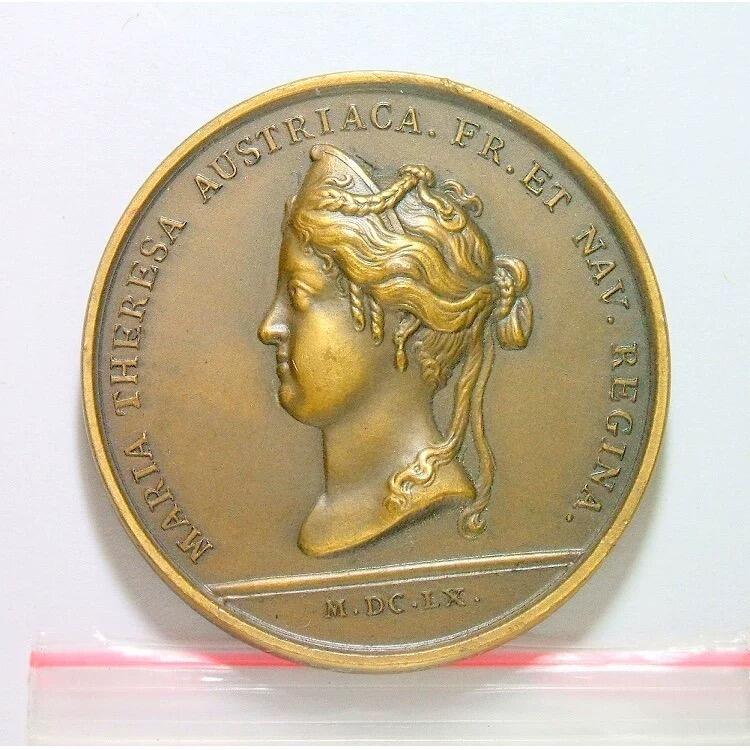 【旋风钱币】4月18日19:00准时开拍 精美欧洲币章、银币银章、第三帝国钱币等 全场包邮！ 法国纪念1660年 太阳王路易十四+皇后高浮雕精制大铜章 40MM