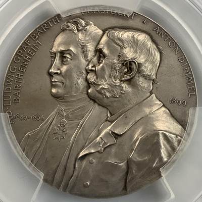 掌中浮雕-藏着的欧洲第058场 - PCGS SP64 : 1899年奥地利林茨中央储蓄银行成立50周年纪念银章，大师安东·沙夫作品，60mm ，80g