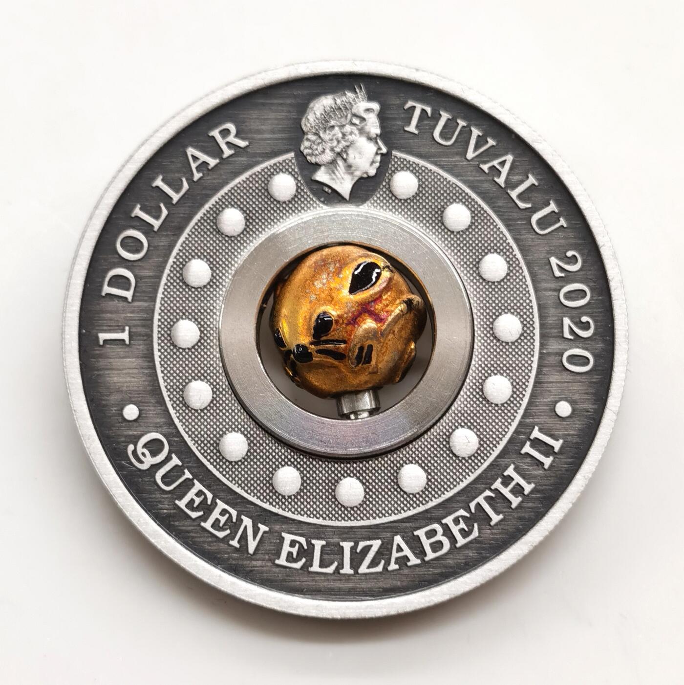 博洋堂世界钱币拍卖第168期（全场包邮） 图瓦卢2020年1元镀金可动仿古银币 旋转魅力中国农历生肖系列-鼠年 1盎司999银（可动老鼠镀18K金） 发行量：3千 盒证全 珀斯造币厂