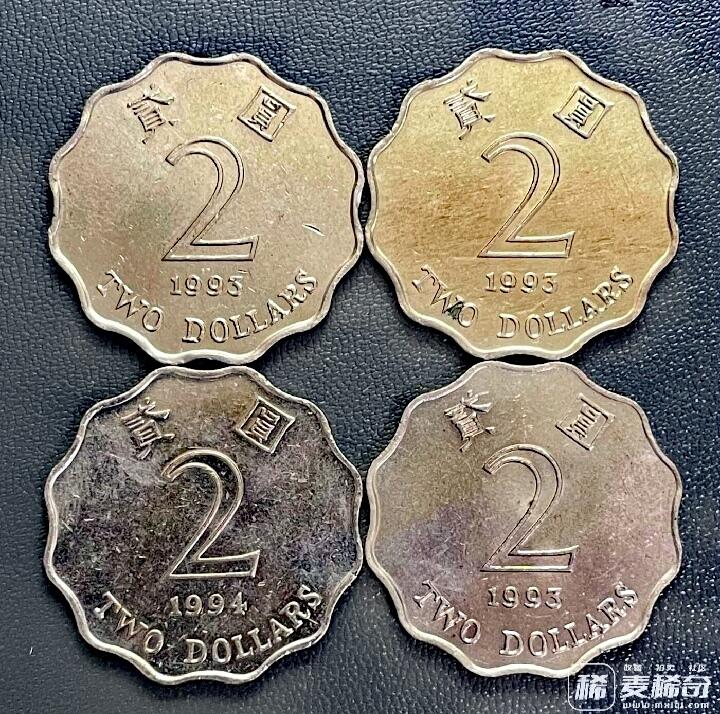 香港1993、1994年洋紫荆系列12角波浪形车轮原光2元靓品硬币4枚一组