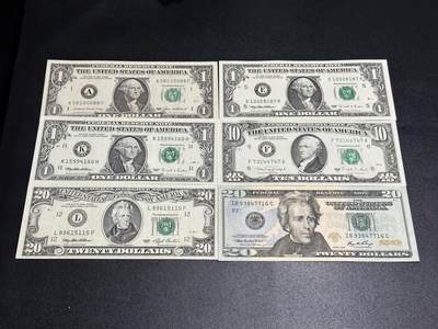 《外钞收藏家》第六百二十七期（精选场）（长期征集拍品、欢迎藏友们联系合作） - 美国1-20美元 彩版和小头版 六张一起 除了2个1美元全新 其他非全新