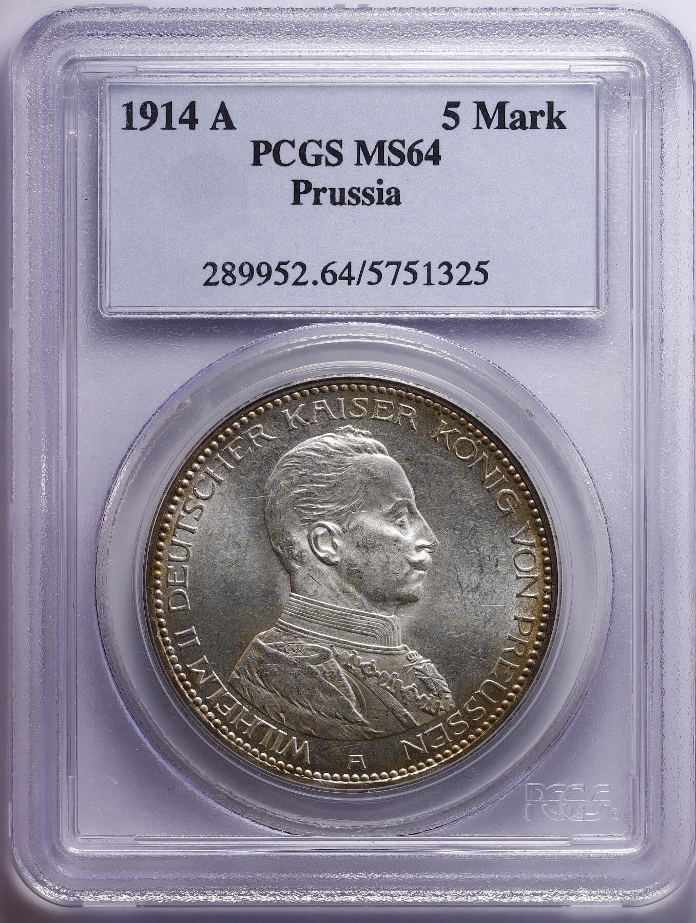 观钱 近现代机制币拍卖No.009（全场顺丰包邮，不区分偏远地区）  1914 年 A 厂 德意志第二帝国普鲁士王国 威廉二世 5 马克银币 PCGS MS64 （PCGS老盒更显价值）