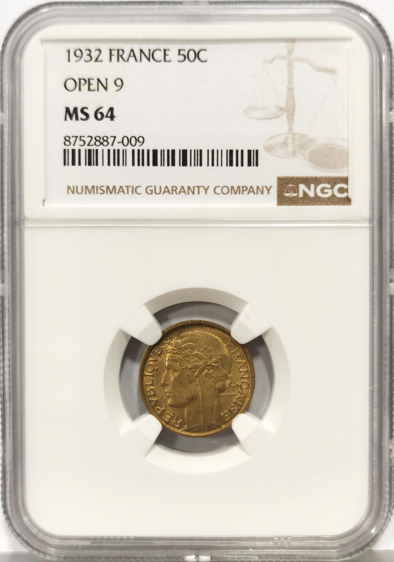 博洋堂世界钱币拍卖第168期（全场包邮） NGC MS64 季军分！法国1932年50分，小辅币流通充分，好品难寻，凑套必备。