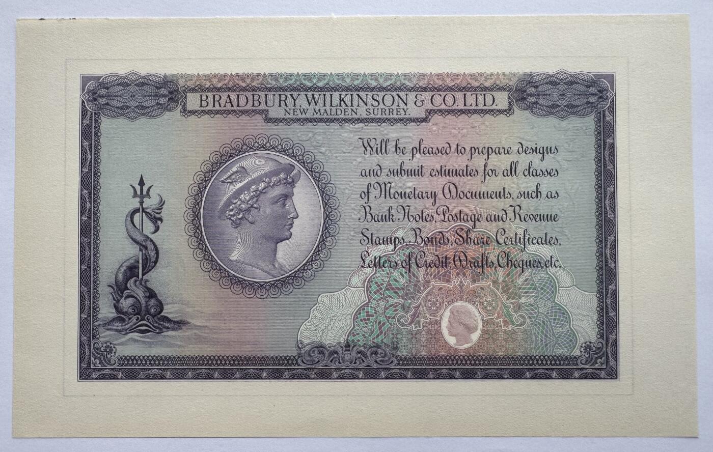 2026第7场（总第234期）：精品外钞、塑料钞、测试钞综合场  罕见 布拉德伯里威尔金森 早期大尺寸“海军上将—纳尔逊”测试钞UNC