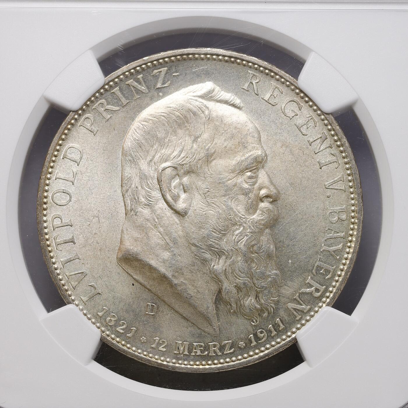 观钱 近现代机制币拍卖No.008（全场顺丰包邮，不区分偏远地区）  NGC-MS64 德国1911年巴伐利亚利奥波德摄政王90大寿5马克大银币 经典的品种 pl底板 丝绸般的转光 足以收藏