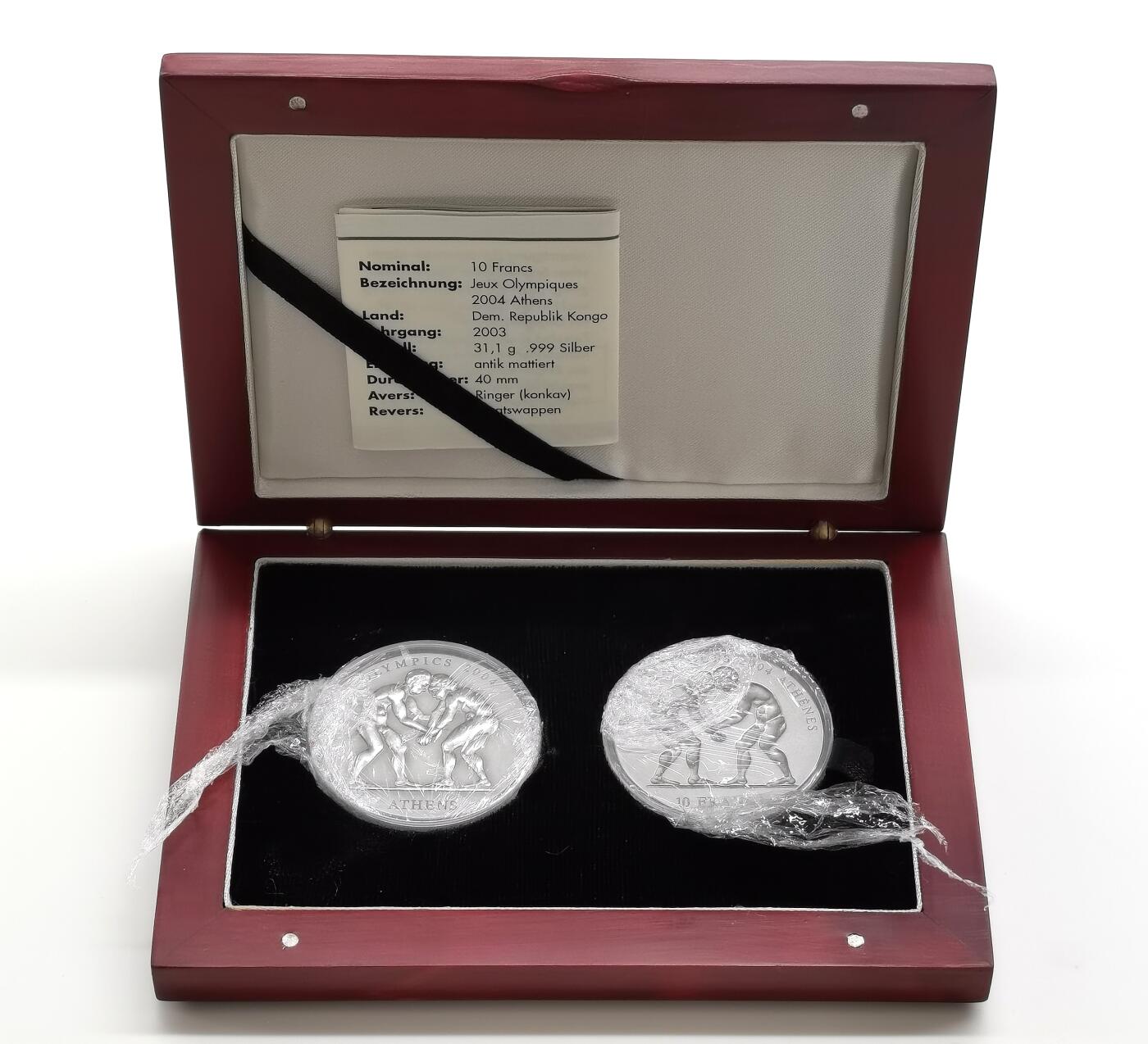 博洋堂世界钱币拍卖第168期（全场包邮） 刚果和加纳联合发行2002年10法郎和500塞地凹凸普制银币套 2004雅典奥运会系列-摔跤 2X1盎司999银 盒证全