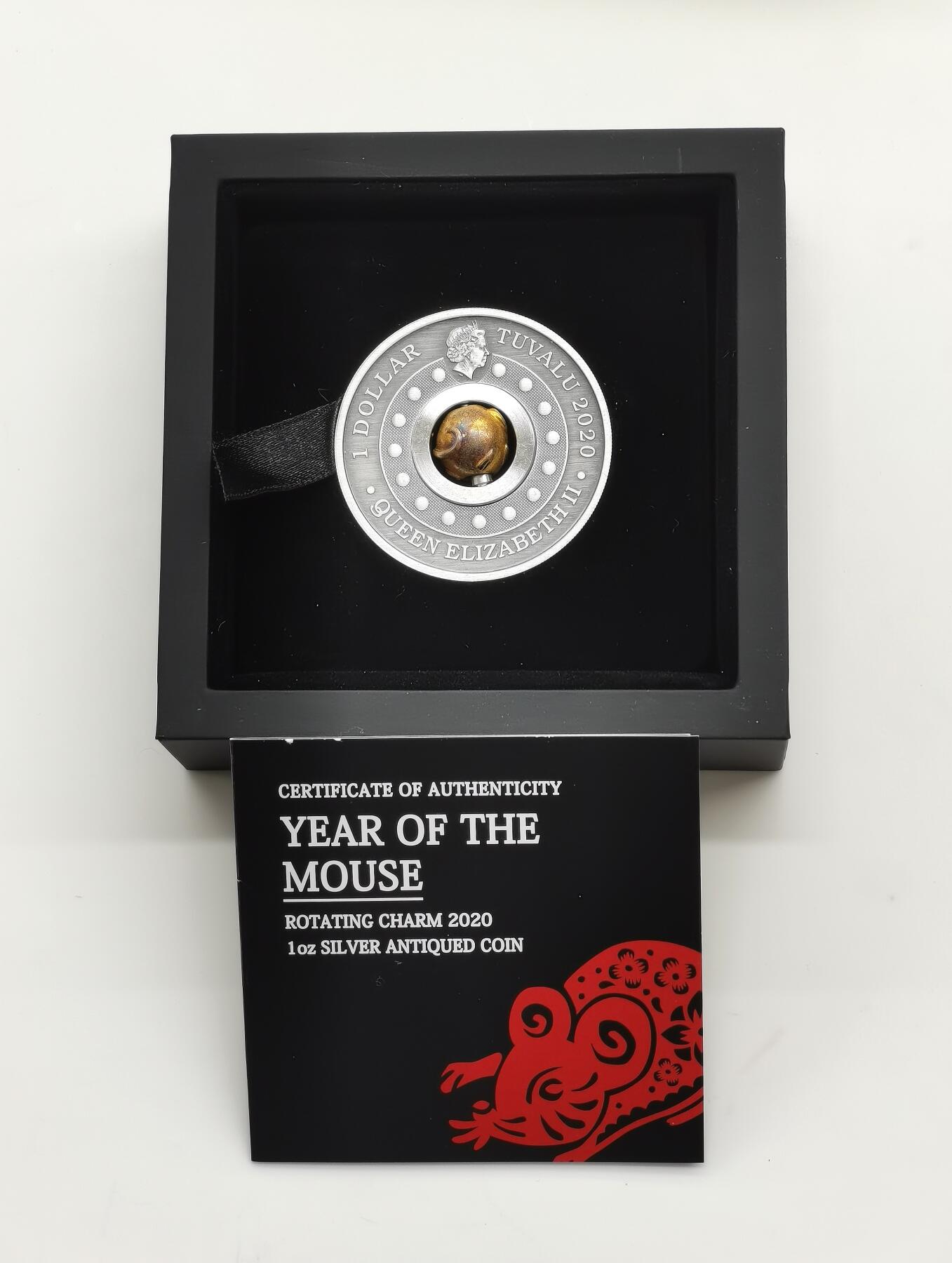 博洋堂世界钱币拍卖第168期（全场包邮） 图瓦卢2020年1元镀金可动仿古银币 旋转魅力中国农历生肖系列-鼠年 1盎司999银（可动老鼠镀18K金） 发行量：3千 盒证全 珀斯造币厂