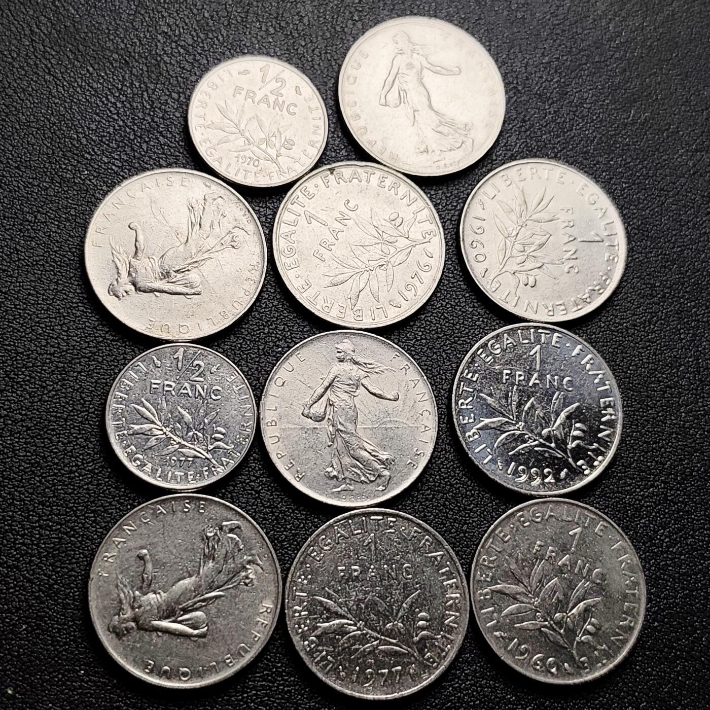 泉币菌-第226场-拍品多 请提前出价 11枚一组 法国法郎镍币 播种女神 混合年份