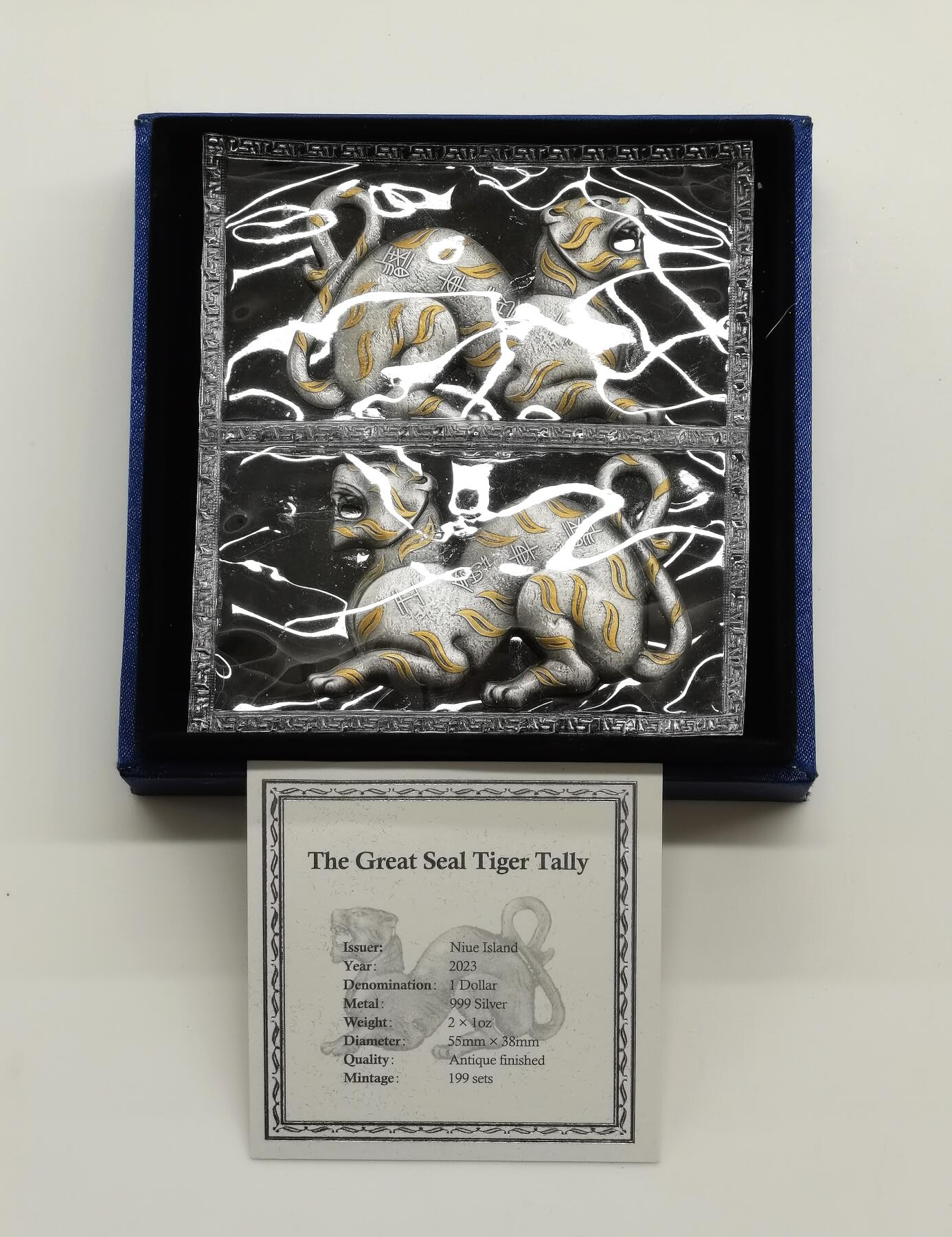 博洋堂世界钱币拍卖第168期（全场包邮） 纽埃2003年1元2枚阴阳和合局部错金仿古异形银币套 中国虎符系列-大印虎符 2X1盎司999银 发行量：199套 盒证全