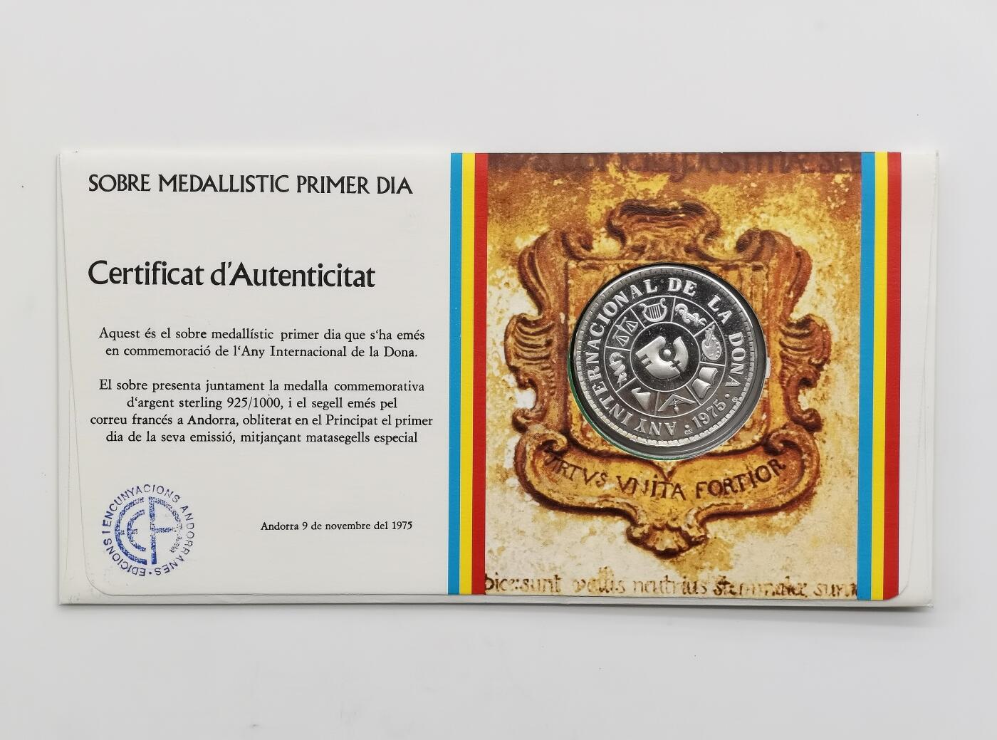 博洋堂世界钱币拍卖第168期（全场包邮） 安道尔1975年银章邮票首日封 国际妇女年 925银25克 发行量：2000枚 红色封套