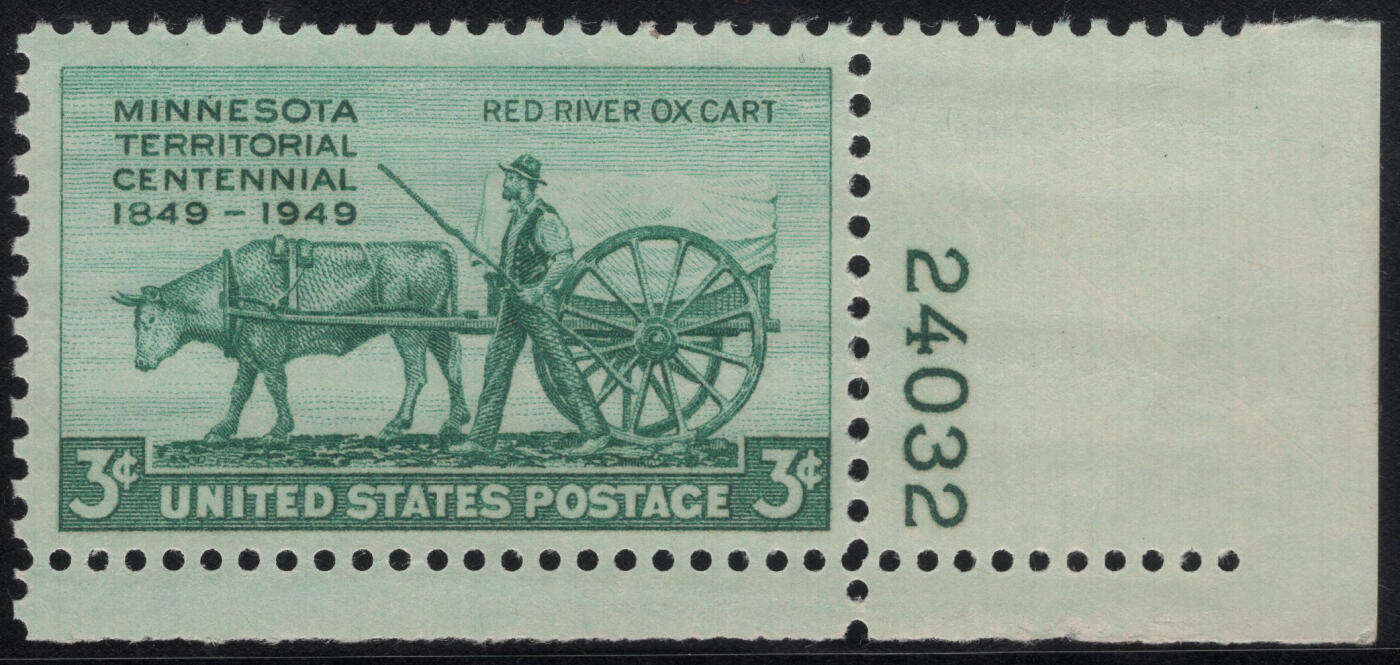 洪涛臻品批发群 精选邮票限时拍卖第1316期  1949美国明尼苏达领土百年-牛车1全新 右下角边带版号！雕刻版原胶全品！